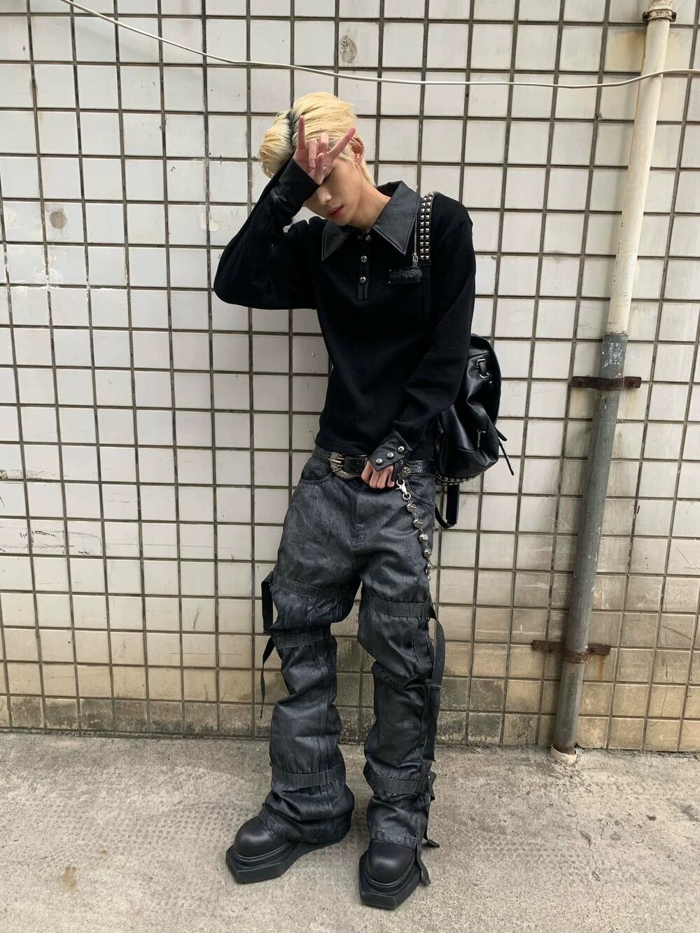 Japanese Waxed Strap Flare Baggy Black Denim Jeans size 32